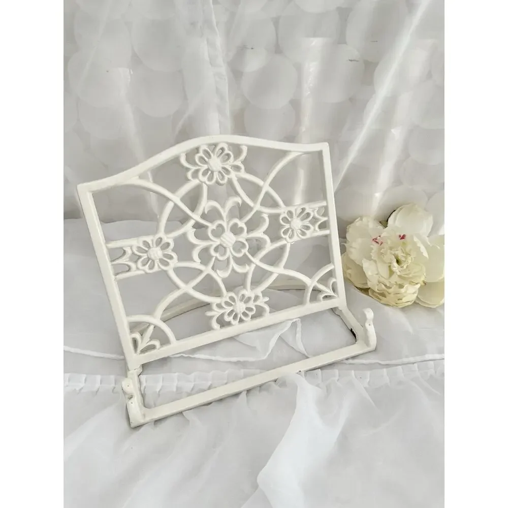 White Shabby Chic HEAVY Metal Scroll Cookbook Stand Recipe Holder Kitchen